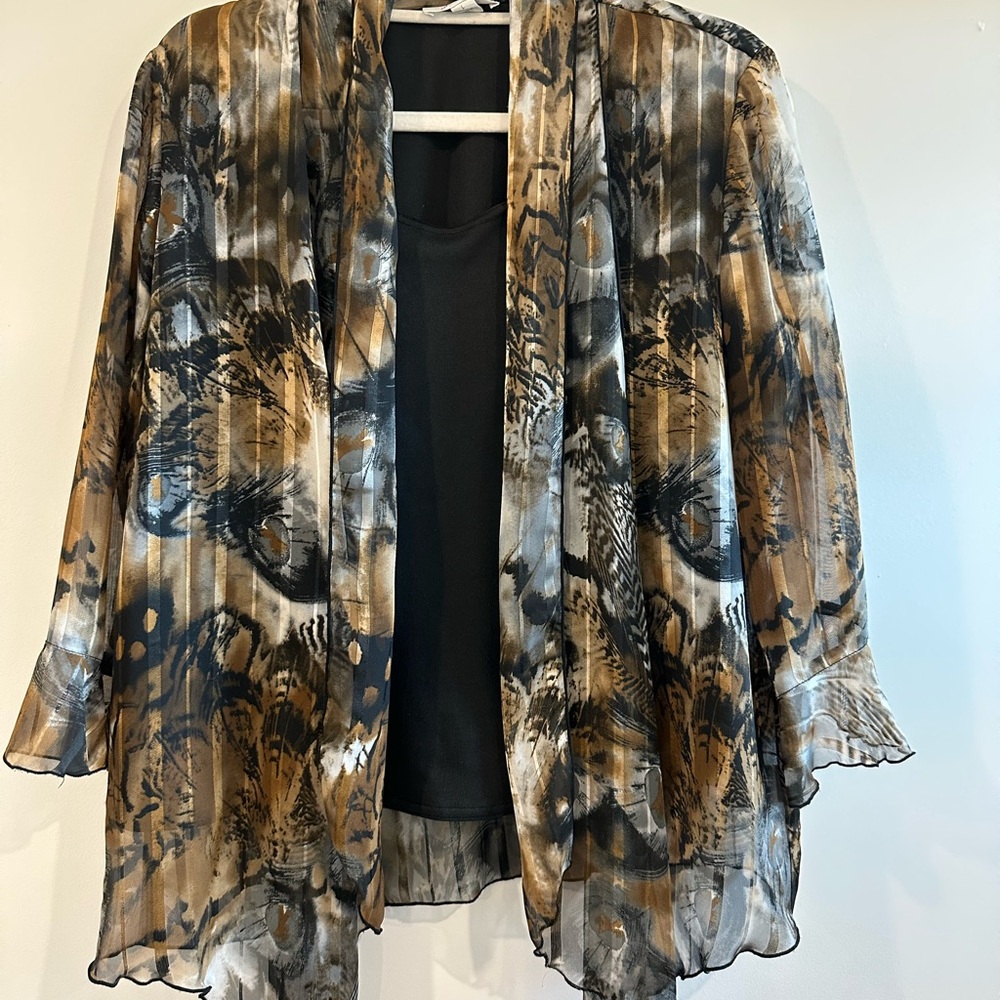 Dress Barn Black Brown Sheer Kimono Blouse Size L Flowy Open Front